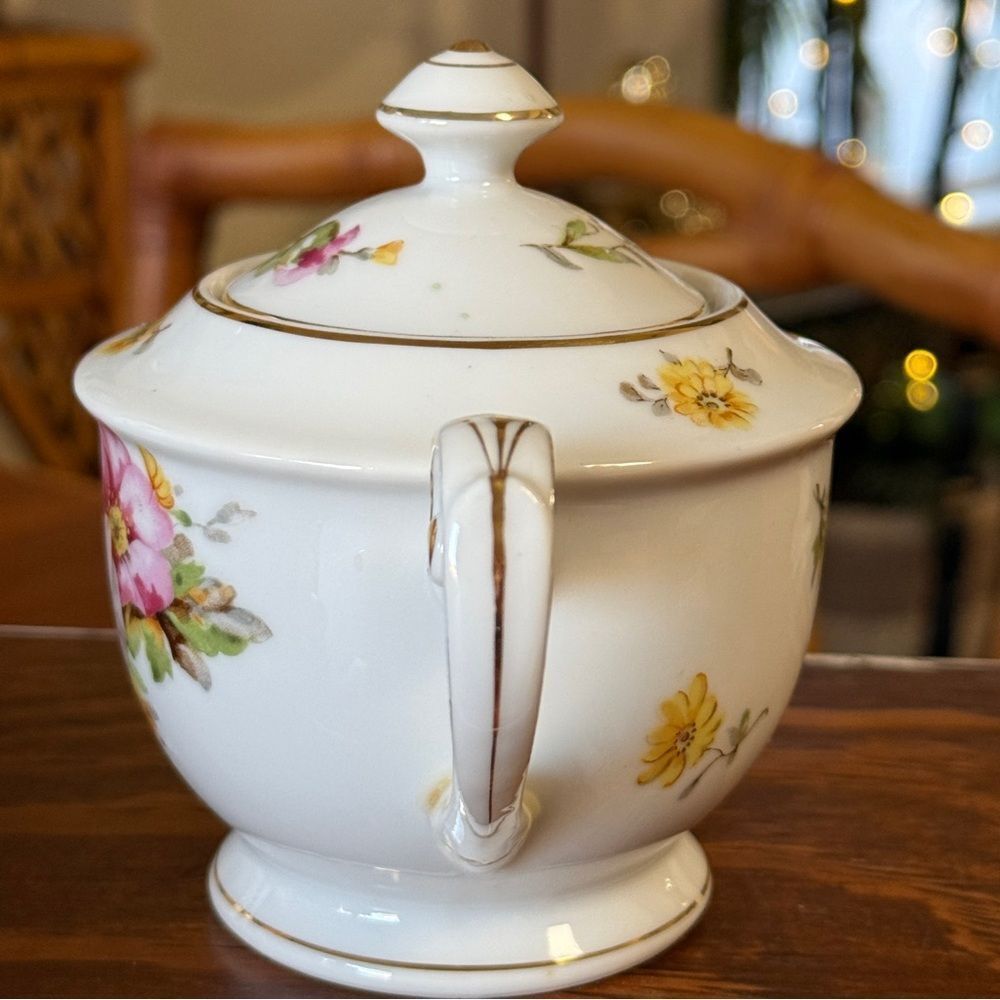Vintage Albion 1950’s Floral Porcelain Teapot Sugar Dish Set White Pink Yellow - Picture 9 of 14